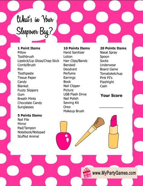 Free Printable What's in your Sleepover Bag? Slumber Party Game for Girls Sleepover Checklist, Sleepover Packing List, Mariah Christmas, Slumber Party Ideas, Girls Sleepover Party, Sleepover Essentials, Christmas Sleepover, Sleepover Party Games, Birthday Sleepover Ideas