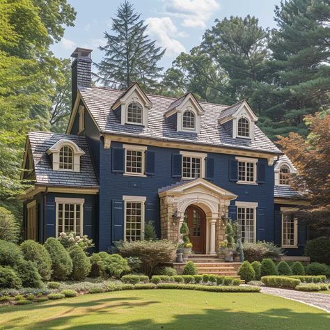 Dream House Exterior Cottage, Modern Suburban House Exterior, Blue Brick House, Colonial Revival House Exterior, Modern Victorian Homes Exterior, Large Suburban House, House Inspo Exterior, Cute House Exterior, Beautiful Architecture Homes