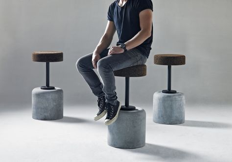 New bar stool brings together two unlikely materials – cork and concrete. By Cape Town based designer Laurie Wiid van Herden of Wiid Design Cork Stool, Table Beton, Concrete Bar, Beton Design, Textile Wall Hangings, Concrete Finish, Cork Material, Concrete Furniture, Counter Bar