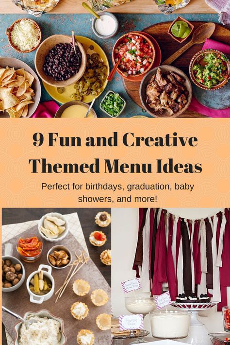 9 Fun and Creative Themed Menu Ideas Birthday Dinner Menu Ideas, Birthday Dinner Menu, Dinner Menu Ideas, Thanksgiving Appetizer Recipes, Coctails Recipes, Thanksgiving Dinner Table, Appetizers For A Crowd, Birthday Dinner Party, Dinner Party Themes