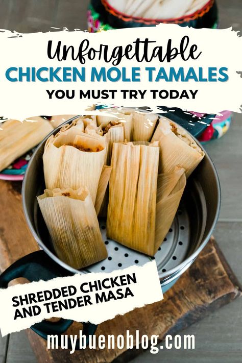 Chicken mole tamales are a recipe you need to try soon. Shredded chicken that is paired with a rich and flavorful mole sauce, that is wrapped in tender masa and then wrapped in a corn shell and cooked. Learn the tips and tricks of making this incredible dinner in the comfort of your own home. Easy homemade tamales at your fingertips. Mole Tamales, Chicken Tamales Recipe, Authentic Breakfast, Flavorful Shredded Chicken, Traditional Mexican Recipes, Bueno Recipes, Baked Drumsticks, Chicken Pozole, Shrimp Enchiladas