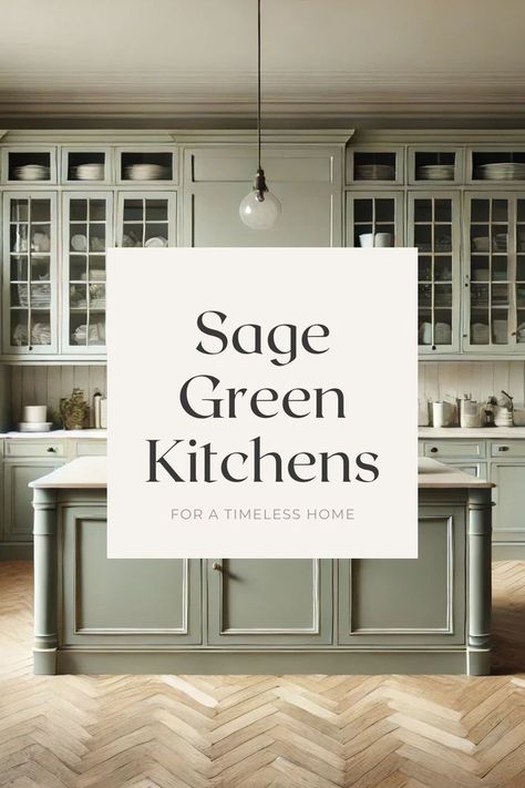 Sage green kitchen with a central island, shaker-style cabinets, and herringbone wood flooring. Green Sage Kitchen Cabinets, Sage Green Kitchen Cabinets Color Scheme, Sage Green Cabinets Kitchen Paint Colors, Green Kitchens Modern, Earthy Green Kitchen, Muted Green Kitchen, Kitchen Cabinets Sage Green, Sage Green Kitchen Decor, Sage Green Cabinets Kitchen