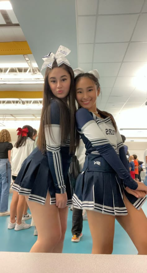 Navy Blue Cheer Uniforms, Purple And Gold Cheer Uniforms, Chearleder Outfit Aesthetic, Blue And White Cheer Uniforms, Cute Cheerleader Outfits, Cheerleading Outfits Aesthetic, Blue Cheerleader Uniform, Netball Kit, Cheerleading Bags