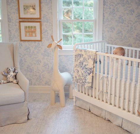 SAM VARVEL ON MOTHERHOOD - CARLY Stretched Fabric, Baby Blue Wallpaper, Girl Nursery Room, Nursery Room Design, Baby Boy Room Nursery, Baby Room Inspiration, Nursery Room Inspiration, White Nursery, Blue Nursery