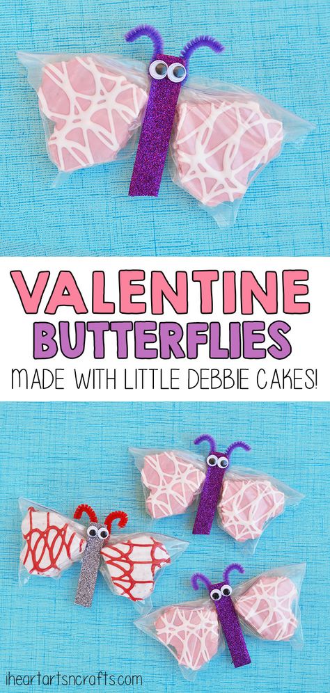 Cakes Butterfly, School Valentines Treats, Little Debbie Snack Cakes, Valentine Cakes, Classroom Snacks, Valentines Class Party, Debbie Snacks, Valentines Snacks, Snack Cakes