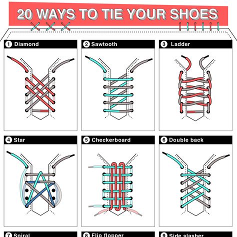 20 Ways to Tie Your Shoes Fancy Shoelace Tying, Creative Shoelace Tying, Shoe Lace Tie Style, Creative Shoe Lacing, Ways To Tie Laces Sneakers, Cool Ways To Tie Converse, Sneaker Shoelace Ideas, Tying Shoe Laces Ideas, Fancy Shoe Lace Tying