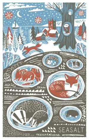 Underground Illustration, January Art, Illustration Christmas, Winter Art Projects, Winter Illustration, Linocut Art, Seasalt Cornwall, Printed Tea Towel, Woodland Scene