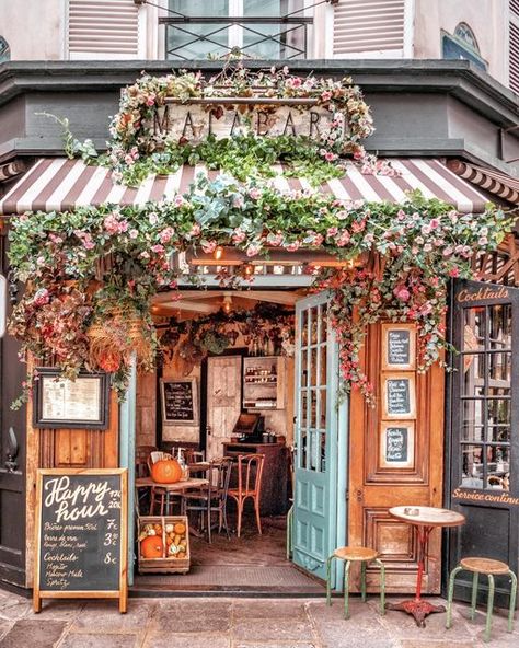 French Store Fronts Boutiques, Cottagecore Cafe, Cafe Exterior, Flower Cafe, Shop Facade, Bookstore Cafe, Cozy Coffee Shop, Storefront Design, Happy Hour Cocktails