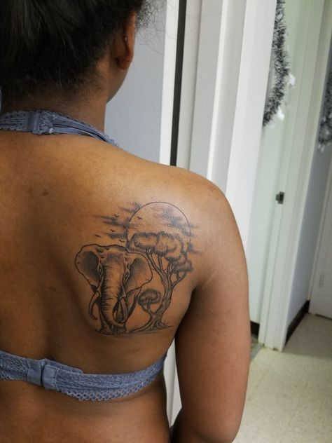 Elephant, tree, birds, and moon! Elephant Chest Tattoo Female, Elephant Tattoos On Back, Elephant And Moon Tattoo, Elephant Moon Tattoo, Elephant Back Tattoo Women, Elephant And Lion Tattoo Ideas, Elephant Tattoos Black Women, Elephant Back Tattoo, Tattoo Layout