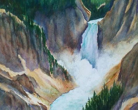 Watercolor Waterfalls, Yellowstone Falls, Watercolor Reference, Yosemite Art, Landscape Tutorial, Waterfall Paintings, Landscape Painting Tutorial, Watercolor Landscapes, Waterfall Landscape