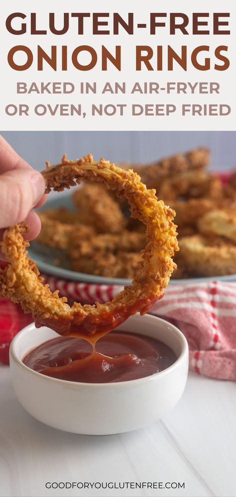 These gluten-free onion rings are seasoned well, crispy, and light. They're made in the oven or air-fryer, not deep fried, so they're healthier than greasy fast food onion rings. Made without gluten, people with celiac disease and gluten intolerance can enjoy them without worry. Onion Rings Air Fryer, Gluten Free Onion Rings, Baked Onion Rings, Gluten Free Panko, Gluten Free Bread Crumbs, Air Fry Recipes, Homemade Gluten Free, Gluten Intolerance, Onion Recipes