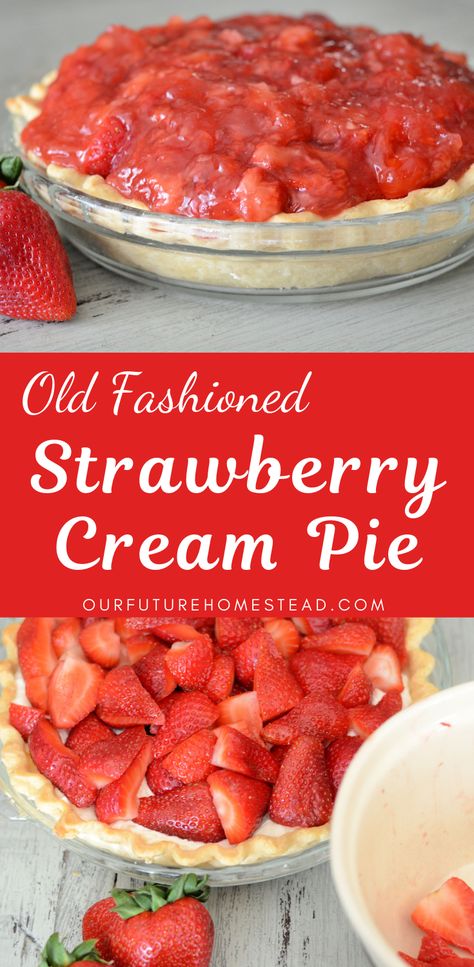 Strawberry Cream Pie - Our Future Homestead Strawberry Cream Pie Recipe, Strawberry Cream Cheese Pie, Strawberry Cream Pie, Strawberry Cream Pies, Savory Cakes, Fresh Strawberry Pie, Cream Cheese Pie, Strawberry Season, Cream Pie Recipes