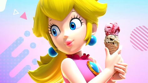 Keep calm and cool down with a new render of Princess Peach and her ice cream! Harmonie Mario, Super Mario Bros Games, Super Princess Peach, Super Mario Princess, Mario And Princess Peach, Super Princess, Peach Mario, Nintendo Princess, Peach Ice Cream