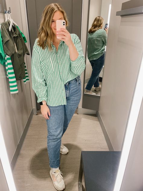 Green Striped T Shirt Outfit, Green Stripes Shirt Outfit, Striped Green Shirt Outfit, White Green Striped Shirt Outfit, Green Striped Button Down Shirt Outfit, Green And White Striped Shirt Outfit, Green Button Up Outfit, Polo Outfit Women's, Green Striped Shirt Outfit