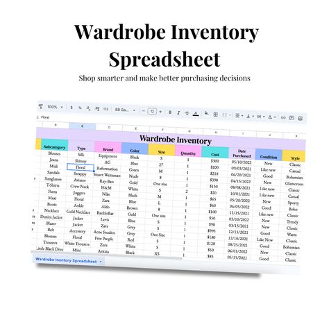 Wardrobe Inventory Spreadsheet: Keep Your Closet Organized | Wardrobe Inventory Spreadsheet, Clothing Inventory Spreadsheet, Wardrobe Inventory, Inventory Spreadsheet, Inventory Printable, Closet Inventory, Closet Organized, Organized Closet, Closet Ideas