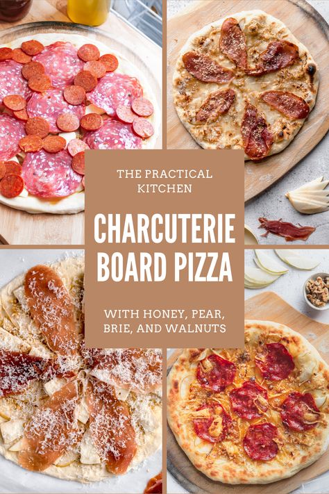 If you need new ideas for charcuterie boards, this pizza is topped with all the best fruit and cheese plate ingredients: fresh pears, brie, chopped nuts, a drizzle of honey, and your fave charcuterie. It's great for dinner but also makes an excellent charcuterie board dessert. charcuterie board, charcuterie board ideas, charcuterie board for two, charcuterie board how to make a, how to make a charcuterie board, baking steel, fruit and cheese platter Charcuterie Board Ideas With Pizza, Pizza Board Charcuterie, Pizza Board Ideas, Pizza Charcuterie Board Ideas, Ideas For Charcuterie Boards, Dinner Charcuterie Board Ideas, Pizza Charcuterie Board, Dinner Charcuterie Board, Charcuterie Pizza