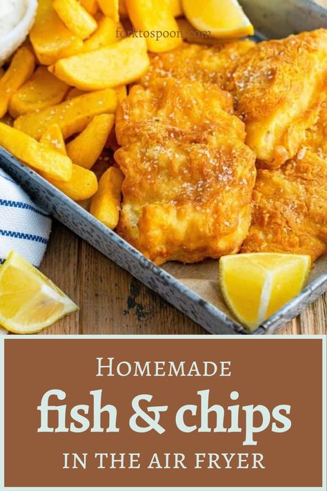 Fish And Chips In Air Frier, Air Fry Fish And Chips Recipe, Air Fryer Fish And Chips Beer Batter, Beer Batter Fish In Air Fryer, Air Fried Cod Recipes, Beer Batter Fish And Chips Air Fryer Recipe, Air Fryer Halibut Fish And Chips, Homemade Fish And Chips Air Fryer, Air Fryer Fish N Chips