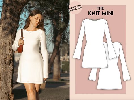 Knit Mini Dress - Sewing Pattern - Instant PDF Download SEWING PATTERN ✂ * This item is a digital file NOT a physical item * Sewing Level: Intermediate - The instructions are not suitable for beginners, but if you have any questions, please feel free to reach out! Sizes included: XS - XL * Model is wearing a size S Print options included: * A0 * A4 * Letter THE PATTERN: * Tiled pattern (3/8'' seam allowance is included on all sizes) Once you purchase, you'll be able to download 4 pdf files: The instructions and the pattern (in A0, A4, Letter sizing). This pattern is for personal use only. Not to be used for commercial purposes. Purchase of this pattern entitles you to print and copy the pattern for individual home use only, but feel free make the garment as a gift or in small batches. It d Pattern Mini Dress, Home Sewing Patterns, Homecoming Dress Patterns, Low Back Dress Pattern, Holiday Dress Sewing Pattern, Sewing Patterns Aesthetic, Christmas Dress Sewing Pattern, Y2k Sewing Pattern Free, Free Mini Dress Pattern