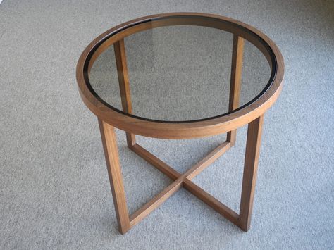 Glass and wood table, round, by Jacobs Woodworks for Pamela Smith Interiors. Side Table Glass Top, Glass And Wood Table, Wood Table Round, Glass Wood Table, Round Center Table, Round Glass Coffee Table, Sculptural Furniture, Living Room Dining Room Combo, Cardboard Sculpture