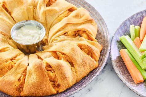 Buffalo Chicken Crescent Ring - Game Day Eats Buffalo Chicken Ring, Buffalo Chicken Crescent, Chicken Crescent Ring, Chicken Ring, Chicken Crescent, Cream Cheese Crescent Rolls, Franks Red Hot, Crescent Ring, Ring Game