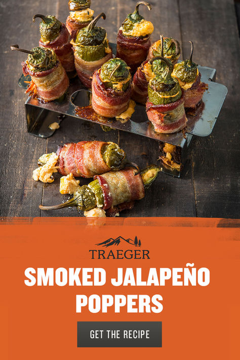 Wood-fired bacon-wrapped jalapeño poppers are seasoned with Pork & Poultry Rub and baked over smoky mesquite for an epic game day appetizer. Traeger Bacon, Smoked Jalapeno Poppers, Bbq Appetizers, Bacon Wrapped Jalapeno Poppers, Smoked Jalapeno, Bbq Recipe, Bacon Wrapped Jalapenos, Jalapeño Poppers, Smoked Food