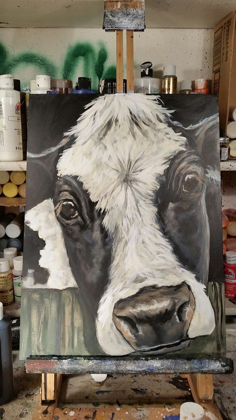 Cow Paintings On Canvas Acrylics, Cow Painting Acrylic Easy, Cow Acrylic Painting, Painting Farm Animals, Acrylic Animals, Cow Paintings On Canvas, Goat Paintings, Farm Animal Paintings, Cow Paintings