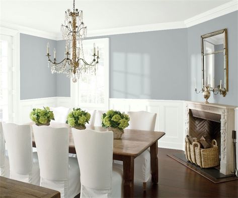 Blue Springs paint color Farmhouse Dining Room Paint, Wickham Gray, Quiet Moments Benjamin Moore, White Chairs, Dining Room Paint, Trending Paint Colors, Revere Pewter, Dining Room Colors, Favorite Paint Colors