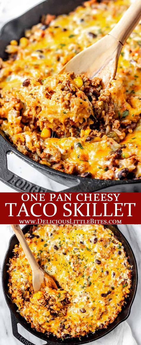 This delicious recipe for Cheesy Taco Skillet uses simple ingredients such as turkey, rice, black beans, and vegetables – so it is an extremely filling, well-rounded dish. Many people will enjoy the taco flavors found in this easy one pan skillet meal, since they are reminiscent of well-loved Mexican and Southwestern cuisines. | #taco #tacoskillet #skilletmeal #onepanmeal #onepandinner #glutenfree Cheesy Taco Skillet With Rice, Mexican Turkey Skillet, One Pot Mexican Skillet, Meals With Mexican Rice, Beef And Rice Skillet Meal, One Pan Taco Bake, One Pot Cheesy Taco Skillet, One Pot Taco Casserole, Easy Taco Skillet Dinner