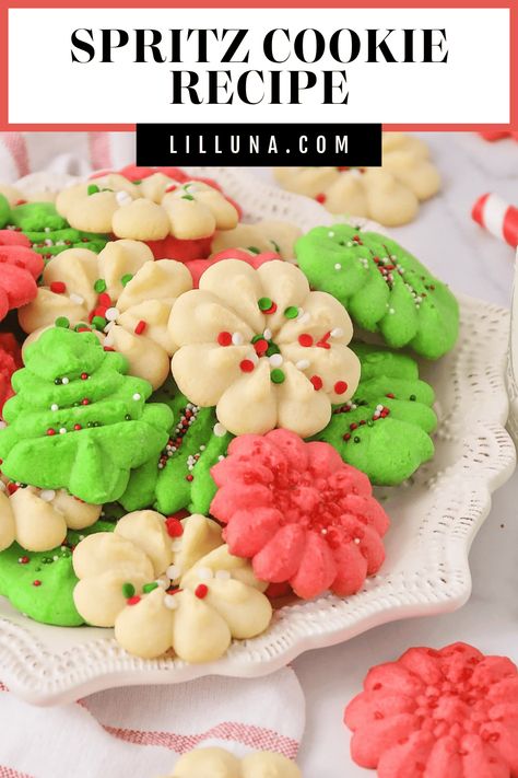 This buttery sweet spritz cookie recipe is festive and fun to make, a pressed cookie adaptable to any occasion with various shapes and colors! #spritzcookies #cookies #christmascookies #christmastreat #dessert Buttery Spritz Cookies, Spritz Cookie Press, Butter Spritz Cookies, Christmas Spritz Cookies, Spritz Cookie, Christmas Afternoon Tea, Butter Homemade, Spritz Cookie Recipe, Jam Thumbprint Cookies