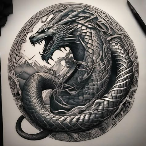 Jormungandr Fantasy Art, Jormungandr Tattoo Norse Mythology, Jormungandr Tattoo Sleeve, Jormungandr Tattoo Design, Norse Serpent Tattoo, Norse Jormungand Tattoo, Jormungandr Tattoo, Norse Pagan, Full Sleeve Tattoo