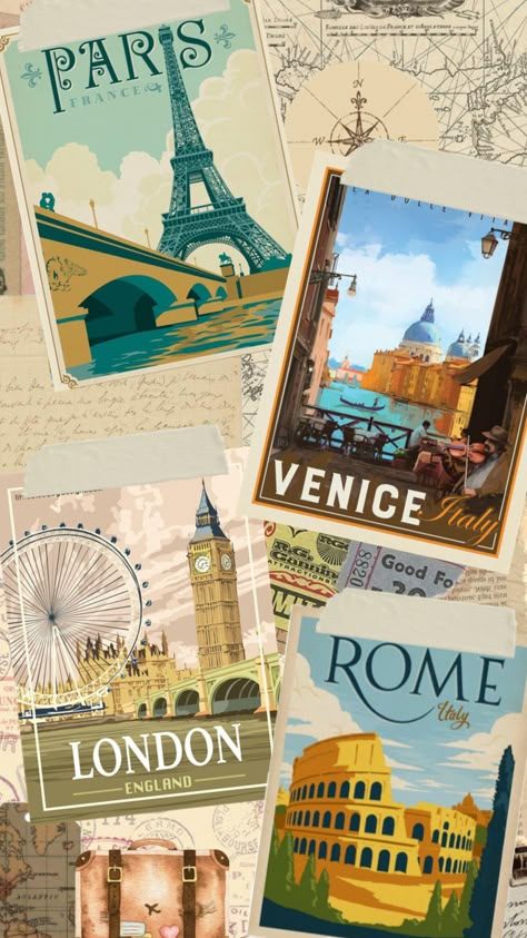 #vintage #travel #travelaesthetic #paris #italy #myfirstshuffle Vintage Travel Aesthetic Wallpaper, Interactive Hoarding, Vintage Travel Wallpaper, Paris Travel Poster Vintage, Iphone Wallpaper Travel, Travelling Aesthetic, Scrapbook Letters, Paris Italy, Travel Collage