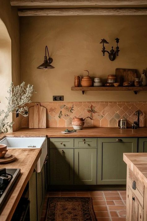 Wooden Kitchen Ideas Interior Design, Earthy Warm Kitchen, Minimalist Earthy Home, Italian Style Kitchen Modern, Chimney In Kitchen Ideas, Cottage Core Kitchen Inspiration, Warm Green Kitchen, Trailer Home Kitchen, Vintage Earthy Aesthetic