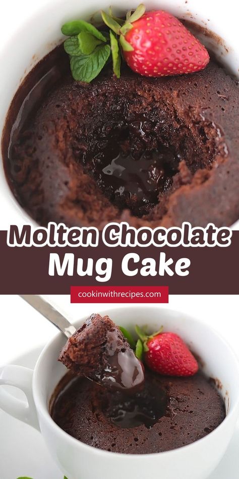 Molten Chocolate Mug Cake Recipe - Takes 5 minutes from start to finish, and tastes like a cross between a molten lava cake and a chocolate soufflé! With a moist, cakey outside and a gooey, saucy inside, it’s hard to believe it’s made in the MICROWAVE! Mug Lava Cake Microwave Easy, Chocolate Cake In A Mug Microwave, Mug Lava Cake Microwave, Lava Cake Recipe Easy Microwave, Choc Mug Cake Microwave, Lava Mug Cake Recipe, Lava Cake Microwave, Single Lava Cake, Chocolate Lava Mug Cake Microwave