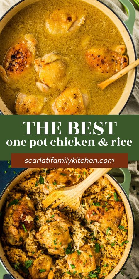 This one pot chicken and rice dinner recipe is made with real ingredients in a dutch oven or cast iron skillet. A delicious dinner the whole family will love! Dutch Oven Rice And Chicken, Low Calorie Dutch Oven Recipes, Chicken And Rice Dutch Oven, Dutch Oven Chicken And Rice One Pot, Whole Chicken And Rice Recipes, Chicken In Dutch Oven Recipes, Dutch Oven Healthy Recipes, Healthy Dutch Oven Recipes Dinners, Cast Iron Dutch Oven Recipes Dinners