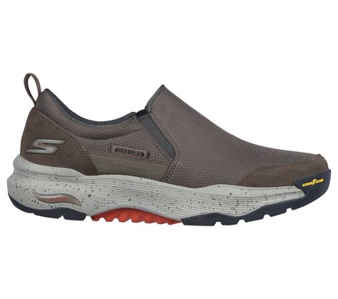 Keep trail hiking easy and supportive wearing Skechers GO WALK Arch Fit Outdoor - Castle Rock. This water-repellent laceless fit design features a sheen mesh upper with suede overlays, twin gore panels for ease of wear, lightweight ULTRA GO cushioning, a removable Arch Fit insole, plus a Goodyear Performance Outsole. | Skechers Men's GO WALK Arch Fit Outdoor - Castle Rock Sneaker Laceless Sneakers, Goodyear Tires, Italy Pictures, Skechers Go Walk, Trail Hiking, Mens Skechers, Man Go, Castle Rock, Wide Shoes