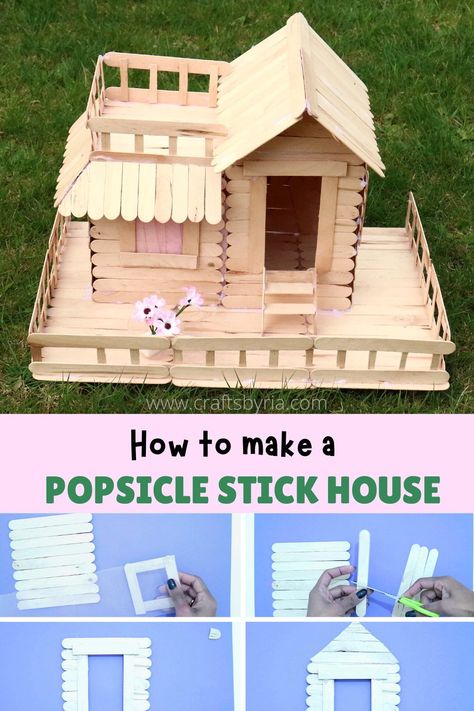 Let's learn how to build a house out of popsicle sticks. In this step-by-step popsicle stick house tutorial, kids will learn all the basic tricks to make walls, windows, fences, and stairs to build a beautiful little craft house. Perfect for school age kids, teens and tweens. #craftsbyria Stick Crafts For Adults, Ice Cream Stick Crafts, Popsicle Stick Ideas, Popsicle Stick Projects, Popsicle Sticks Crafts, Popsicle Stick House, Popsicle Stick Crafts For Adults, Popsicle House, Stick Crafts For Kids