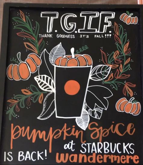 Fall Coffee Board, Coffee Shop Fall Decor, Cute Chalkboard Drawings, Partner Of The Quarter Starbucks Board, Fall Coffee Board Ideas, Fall Menu Board, Fall Coffee Chalkboard Art, Fall Chalkboard Coffee Shop, Coffee Shop Halloween Decorations