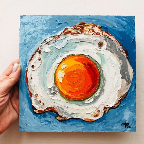 Fried Egg Painting Kitchen Original Art Food Wall Art Still Life Painting Small Art 8 by 8 by JuliyaFineArt *Size Painting: 8"x8" inches. *Original handmade oil painting on cardboard by palette knife. *Perfect for gifts or to hang in your home. *Signed front and back. *Free Shipping. *The painting is covered with a protective varnish. OTHERS KITCHEN ART: https://www.etsy.com/shop/JuliyaFineArt?section_id=36555863 Fried Egg Painting, Egg Artwork, Painting On Cardboard, Food Wall Art, Painting Kitchen, Food Painting, Egg Painting, Art Food, Textured Artwork