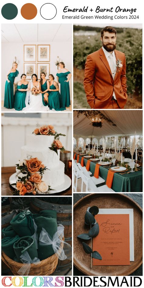 Emerald Wedding Favors, Green Wedding Color Schemes, Emerald Wedding Colors, Hunter Green Wedding, Green Wedding Decorations, Orange Wedding Themes, Dark Green Wedding, Deco Orange, Orange Wedding Colors