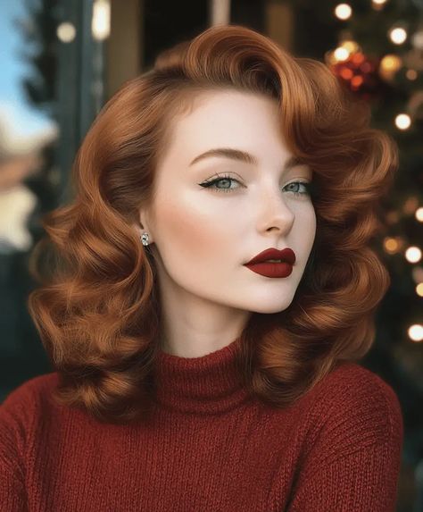 Hollywood Waves With Bangs, Marilyn Monroe Curls, 50s Hairstyles For Long Hair 1950s, Retro Hair Styles, Curly Red Hair, Vintage Redhead, Christmas Hairstyle, Hollywood Curls, Glamour Look