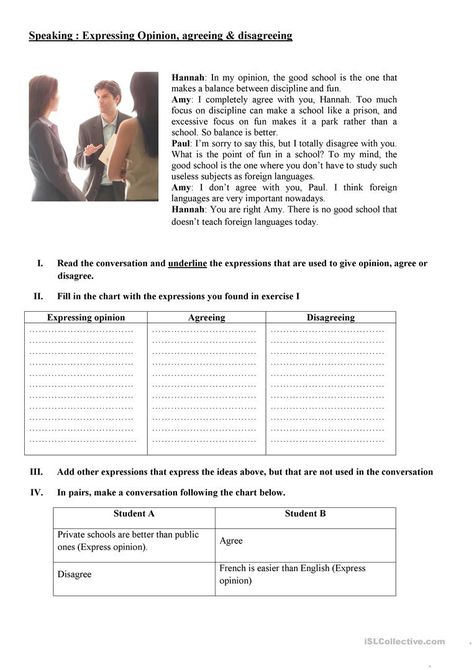 Speaking : Expressing Opinion, agreeing & disagreeing - English ESL Worksheets Expressing Opinion, Agreeing And Disagreeing, Kindergarten Counting, Speaking Activities Esl, Word Puzzles For Kids, Speaking Activity, Esl Grammar, Esl Reading, Esl Teaching Resources