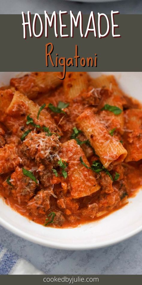 This homemade rigatoni is tossed in a creamy and tender meat sauce. It’s a quick and easy pasta dish made with simple ingredients. Plus, this quick pasta recipe is ready in under 30 minutes! The tips and tricks in this recipe will make sure your pasta is flavorful, creamy, and balanced, plus tips for subsitutions and additions to make it to your personal preferences. Click through for all the details. Rigatoni Sauce, Homemade Rigatoni, Shrimp Stuffed Peppers, Cold Pasta Salads, Salads For Summer, Homemade Meat Sauce, Shrimp Stuffed, Chicken Sheet Pan, Quick Pasta Recipes