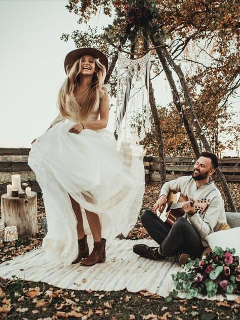 Wedding Dress With Boots Boho, Boots With Wedding Dress Boho, Wedding Boots For Bride Boho, Wedding Dress And Hat, Wedding Dress With Hat, Bride With Hat, Boots Wedding Dress, Wedding Dress With Boots, Cowboy Wedding Dress