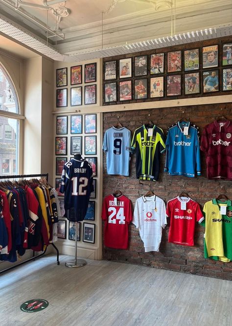 Football Kit Aesthetic, Football Room Aesthetic, Soccer Jersey Display Ideas, Football Room Decor Ideas, Football Jersey Display Ideas, Jersey Display Ideas, Maxi Dress Summer Casual, Football Room, Soccer Room