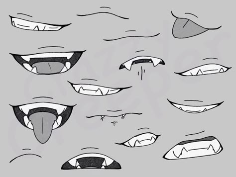 Mouth Drawing Front View, Teeth Mouth Drawing, Fangs Drawing Reference, Anime Lip Reference, Grinning Drawing Reference, Mouths Anime, Mouth Drawing Reference Fangs, Sketch Mouth, Mouth Anatomy