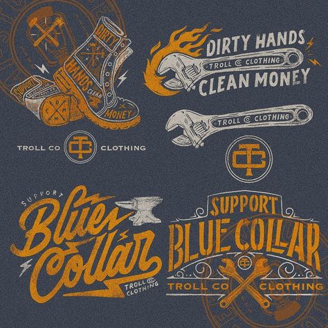 Cumi on Instagram: “For Trollcoclothing “Dirty hands clean money 💰- Support blue collar “ ——— swipe swipe . . For commission work just dm me or email me 😊🙏🏻 .…” Blue Collar Logo Design, Blue Collar Tattoos, Blue Collar Graphic Design, Dirty Hands Clean Money, Filson Graphic Design, Western Logos Vintage, Vintage Summer Camp Logo, Vintage Badge Logo Design, Collar Tattoo