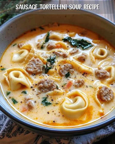 Savory Kitchen Fun - Daily Recipes | Sausage Tortellini Soup Recipe | Facebook Creamy Tortellini Soup With Sausage, Tortellini Soup Recipes, Tortellini Soup With Sausage, Dinner Date Recipes, Cheese Tortellini Soup, Soup With Sausage, Creamy Tortellini, Creamy Tortellini Soup, Sausage Tortellini Soup