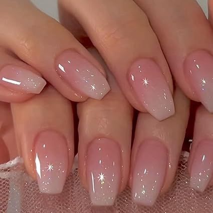 🌈✨ Elevate your nail game with these stunning gradient pink glitter press-on nails! Featuring a chic trapezoid shape and short coffin design, these medium-sized acrylic nails are perfect for adding a touch of sparkle to your spring and summer looks. Easy to apply and oh-so-glamorous! 💅💕 #GradientNails #GlitterNails #PressOnNails #NailArtMagic Ombre On Natural Nails, Cute Bridesmaid Nails, Wedding Nail Inspo Bridesmaid, Classy Old Money Nails, Short Nail Overlay Ideas, Pink Dipped Nails, Nude Ombré Nails, Gel Nails Medium, Medium Square Nails