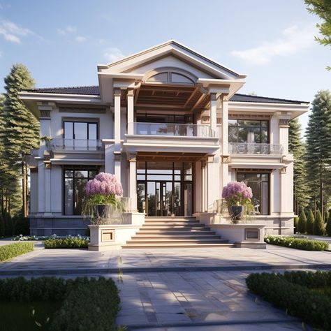 Modern wooden houses in neoclassical style Neoclassical House Exterior, Neoclassical Architecture House, Modern Neoclassical Architecture, Beautiful Courtyards, Holiday Destinations In India, Beautiful Mansion, Modern Neoclassical, Neoclassical House, Modern Wooden House