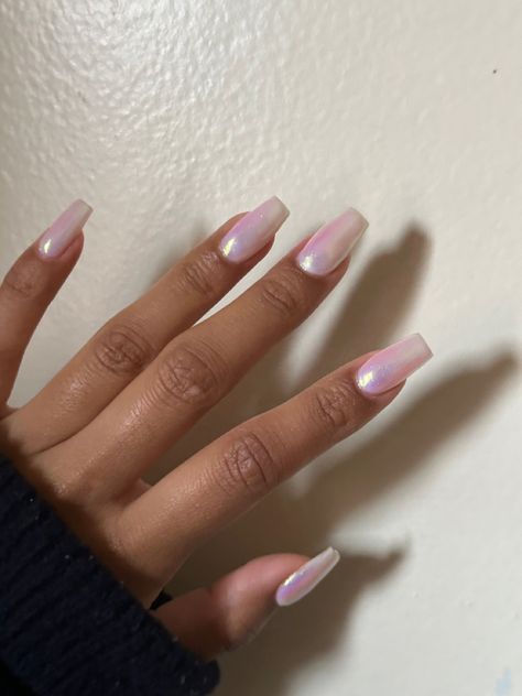 Holographic pink chrome nails! Very Barbie inspired nail Pink Hologram Nails, Chrome Pink Square Nails, Coffin Pink Chrome Nails, Light Pink Holographic Nails, Pink Crome Nails Coffin, Light Pink Chrome Nails Coffin, Holographic Pink Nails, Light Pink Chrome Nails Square, Pink Irredescent Nails